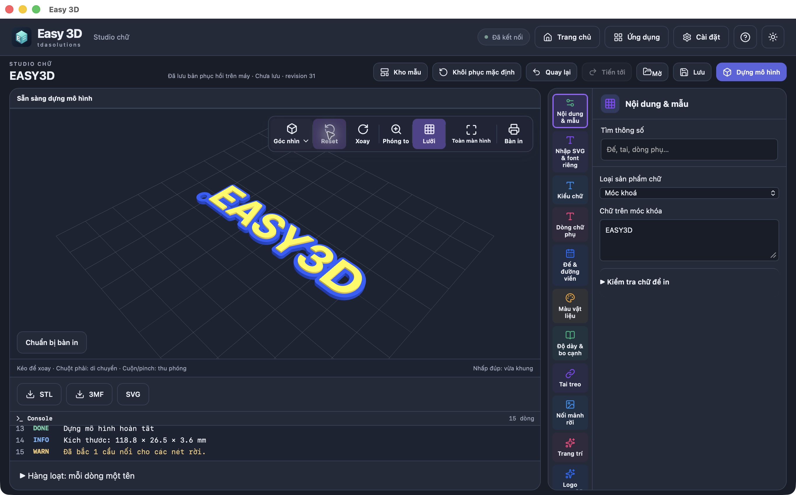Ảnh chụp easy3D Studio chữ với mô hình móc khóa EASY3D và bảng tùy chỉnh